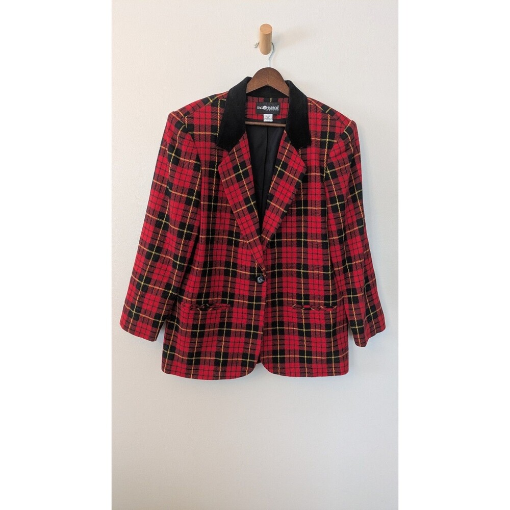 Vtg Sag Harbor Red Plaid Wool Blend Blazer 12P Academia Preppy Velvet Collar